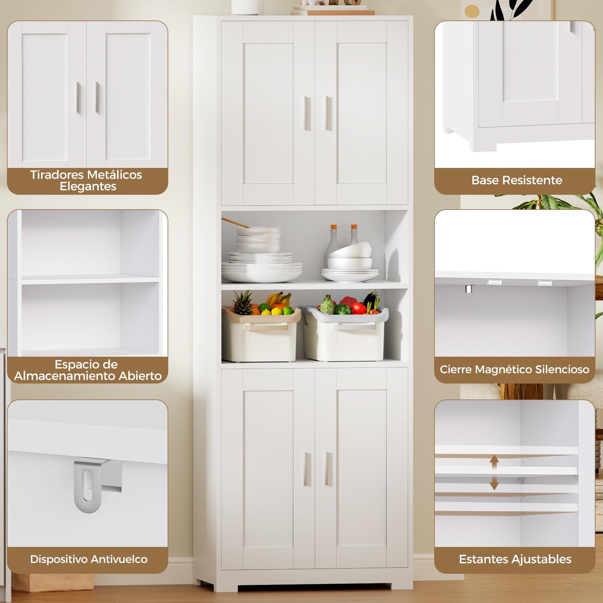 BEWISHOME Mueble Columna de Baño, Armario Alto de Baño, Mueble Auxiliar de Almacenaje con Estante Ajustable, Kit Antivuelco, para Cocina, Salón, de Moderno 30x60x170 cm Blanco EYYG09W