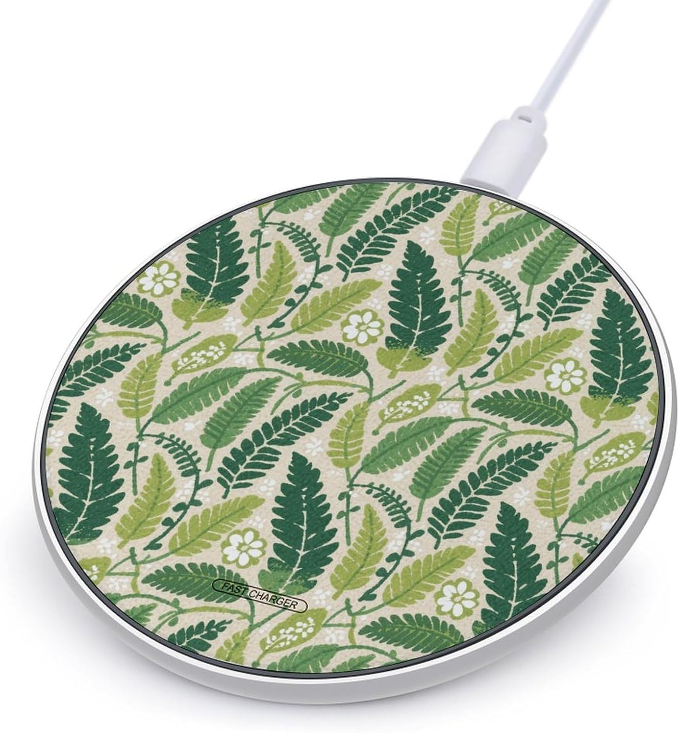 Green Leaves Print Wireless Charger Fast Charging Pad with USB Cable Anti-Slip Portable,Aluminum Alloy Frame 10W Max Compatible Fast Wireless Charging Pad for Travel Bedside Office