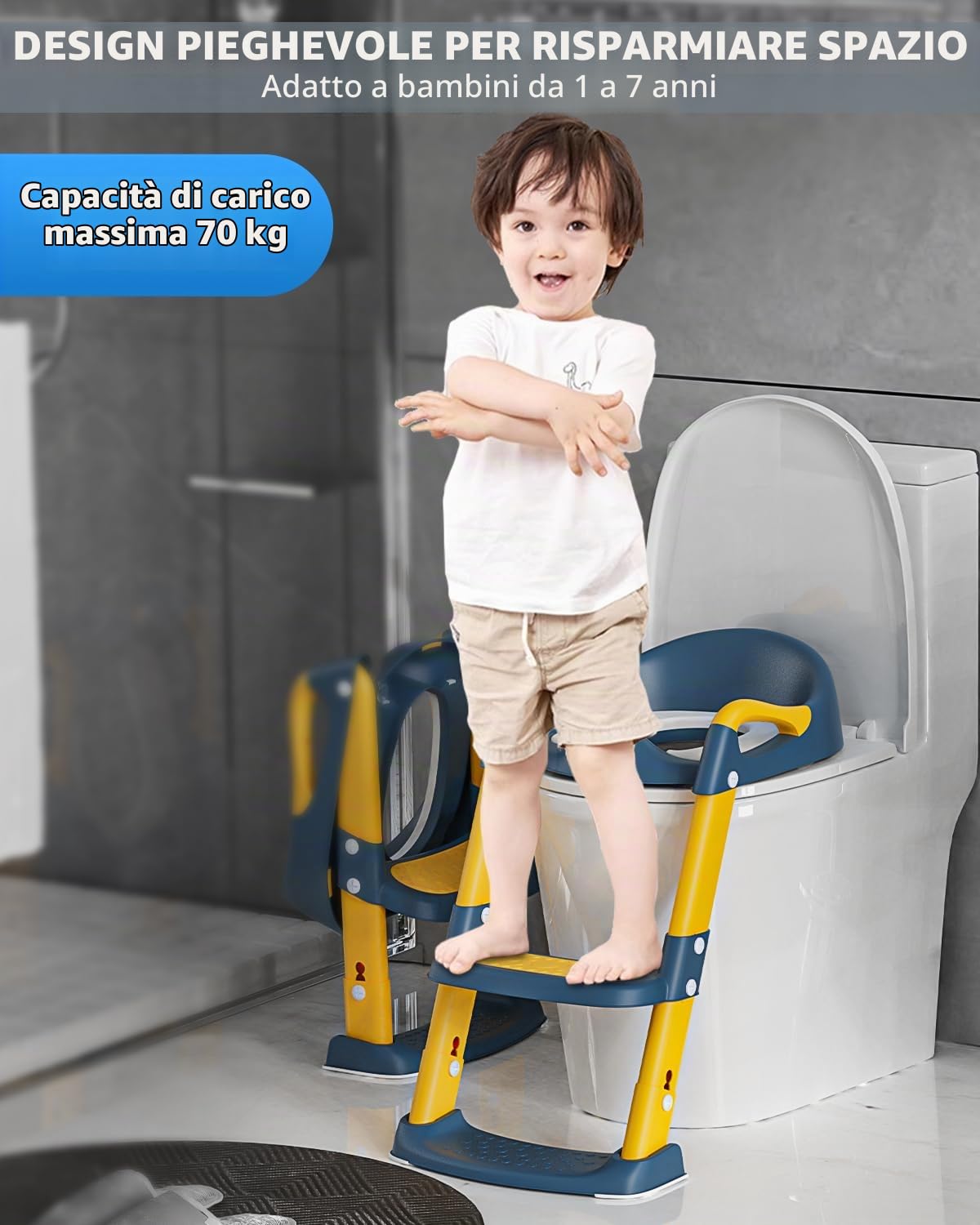Xespis Riduttore WC Bambini, Riduttore con Scaletta Water Bambini, Riduttore WC per Bambini, con Cuscino, Regolabile e Pieghevole, Antiscivolo Sedile(Blu, Giallo) | 2 in 1 per bambini e bambine, pedana antiscivolo, regolabile in altezza, paraspruzzi, pieg