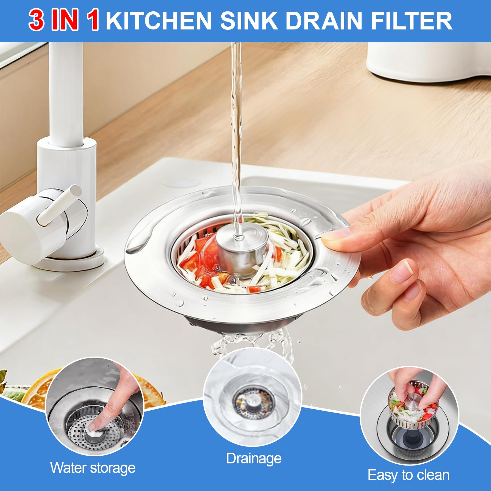 Tapon Fregadero Cocina, 3 en 1 de Acero Inoxidable Filtro Fregadero Cocina, Colador Desagüe con Filtro AntiOlores, Tapón Press Push para Filtro Desague Fregaderos 73-87mm