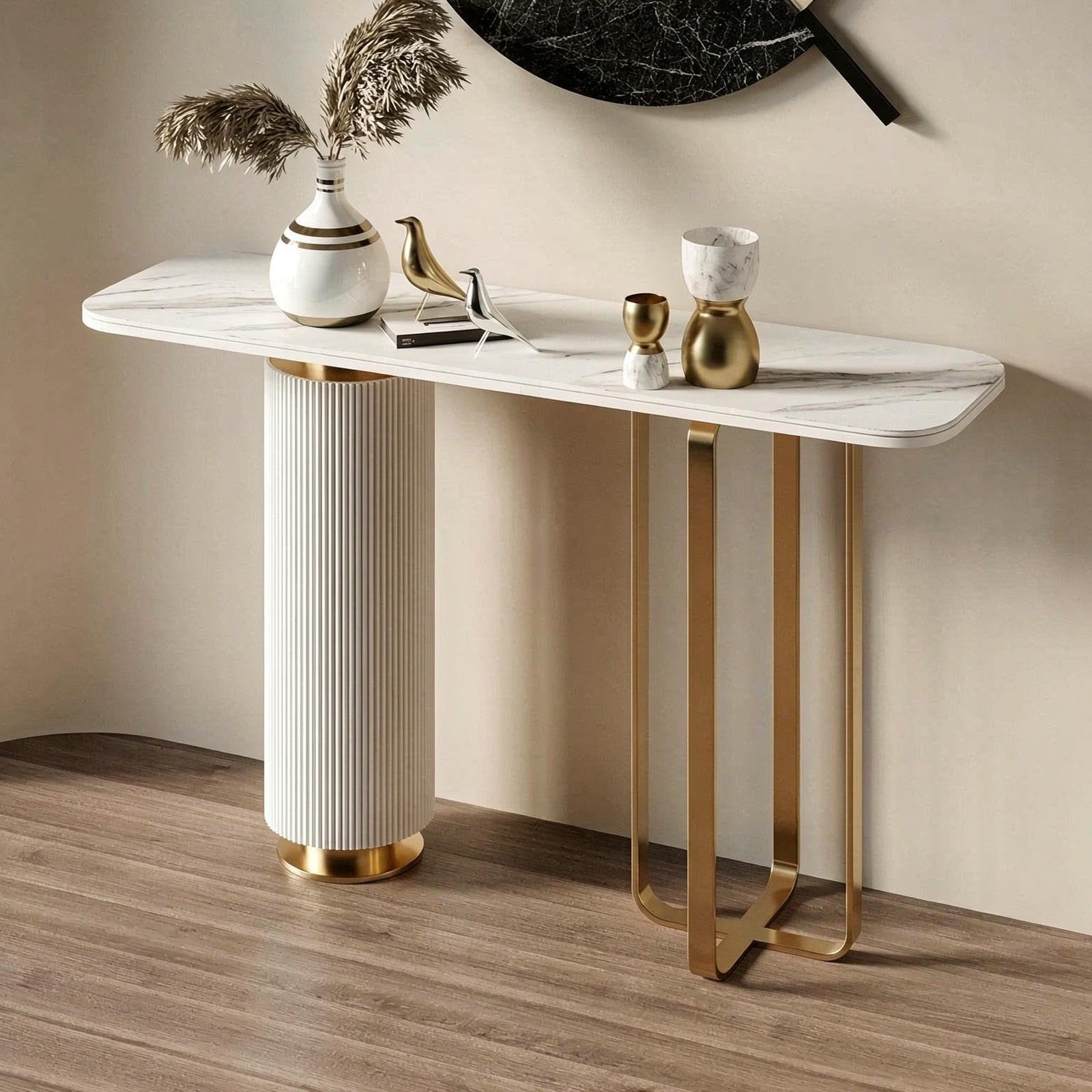 Mesa Consola Moderna con Tablero y Base de Piedra Sinterizada, Mesa Consola