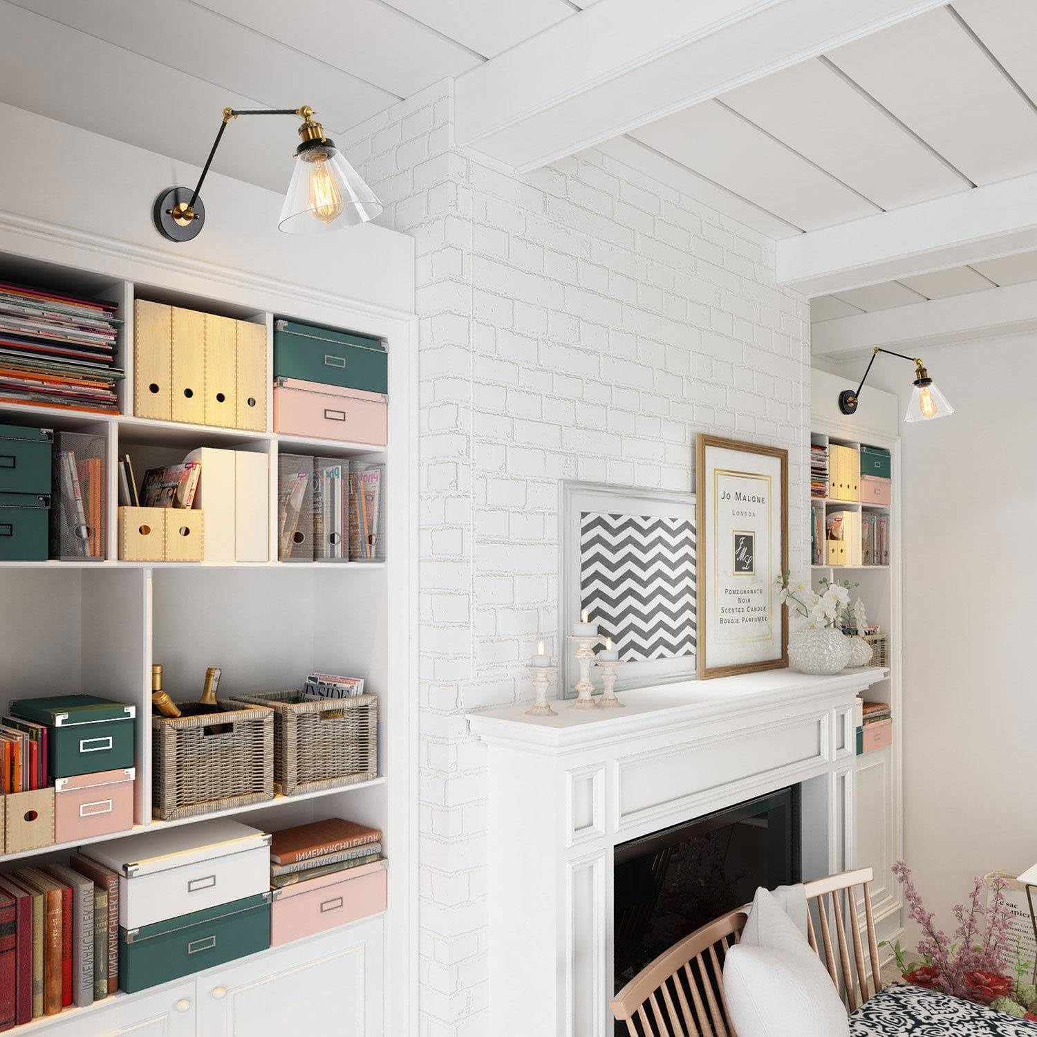 LALUZ Black Glass Wall Sconces Lighting, Modern Gold Industrial Swing Arm Plug in or Hardwired Adjustable Wall Lamp with Antique Brass Finish for Bedroom, Kitchen, and Living Room