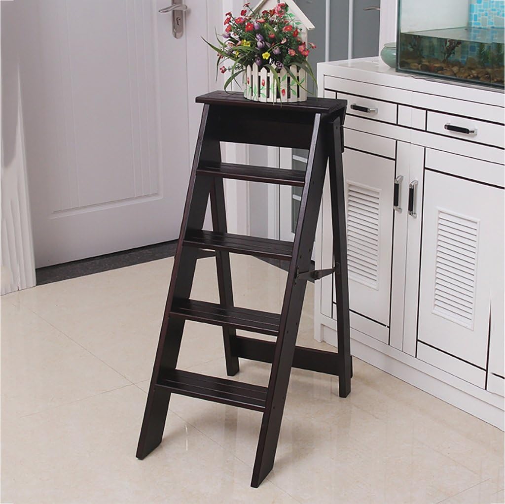 LUNEZY Folding Chair Stairs Multifunction Dual Use Solid Wood 5 Steps, 2 Colors, 34 * 59 * 88M (Color : Deep Walnut)
