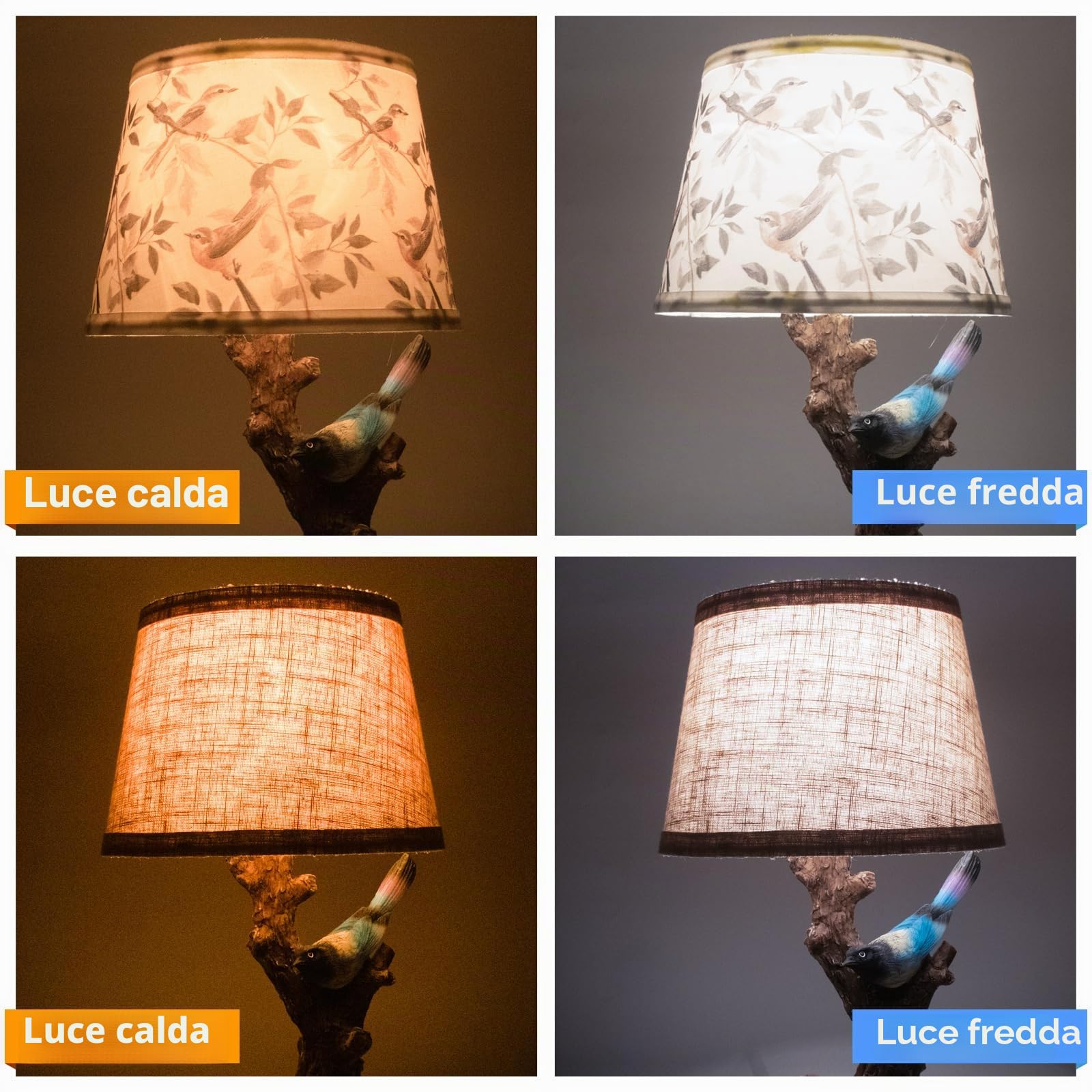 FIRVRE Lampada da Tavolo in Stile Rustico, Lámpara Mesita Noche Vintage con Base in Resina e Paralume in Lino, Lampada da Salotto Personalizzata Ispirata alla Natura, con Elementi di Design Aviarie