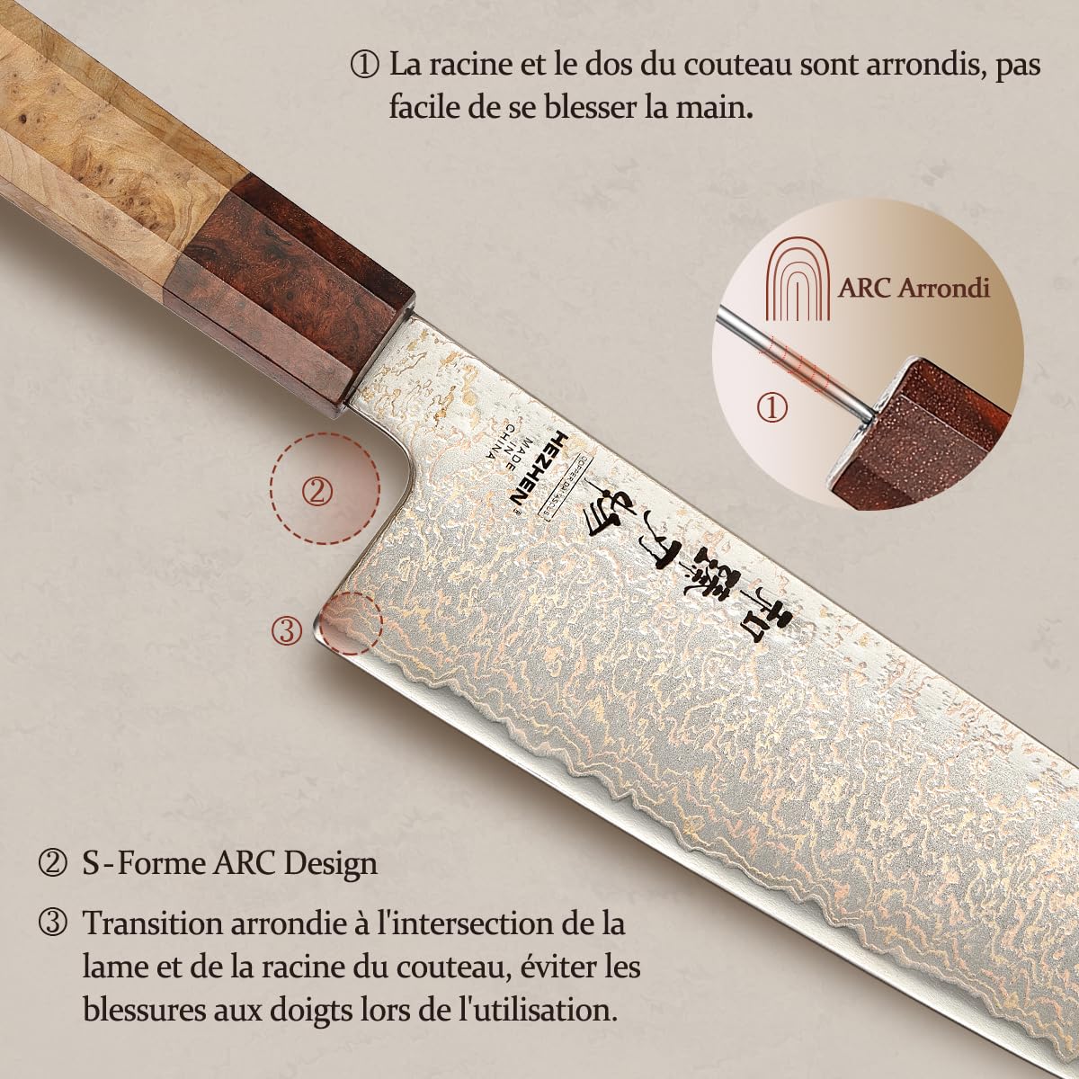 HEZHEN Kiritsuke Couteau de cuisine en acier damassé 33 couches de cuivre, motif damas, couteau de chef japonais Bunka