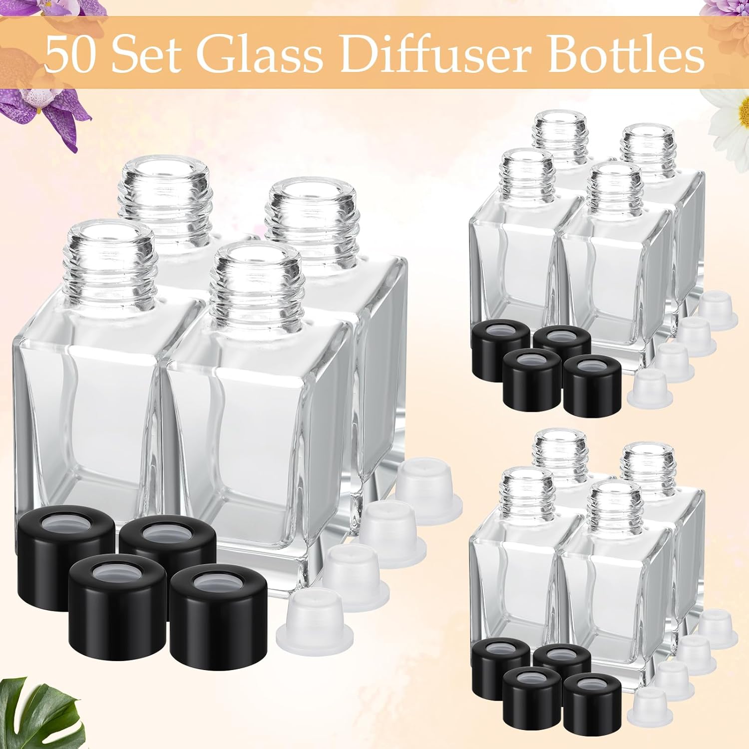 Umigy 50 Set Glass Diffuser Bottles Reed Diffuser Empty Jars Clear Fragrance Bottle with Black Caps 50ml 1.7 oz Essential Oil Jars for DIY Fragrance