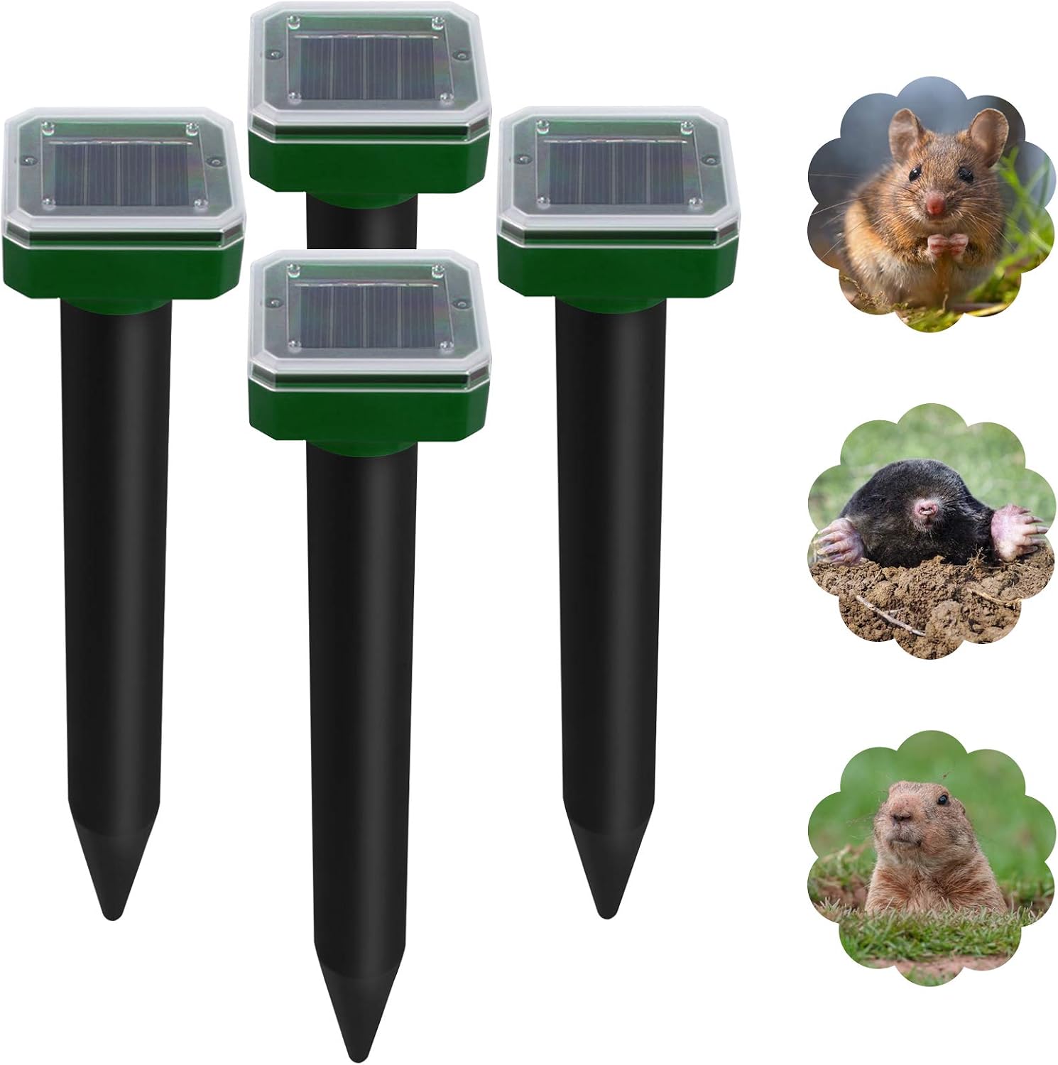 Pet Safe Pack of 4 Sonic Mole Repellent Solar Powered for Lawn Garden Yard, IP65 Waterproof Outdoor Ultrasonic Snake Repellent for Get Rid of Mole, Gopher, Snakes, Vole and Other Underground Pests