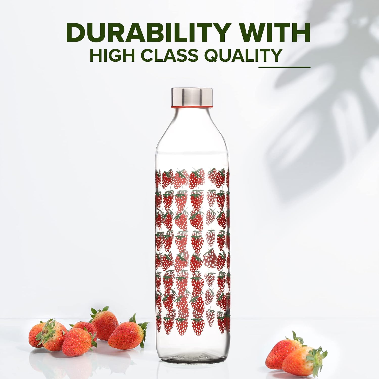 Set of 6, 800 ml Each Fresh Strawberry Printed Glass water bottle, with Leak-Proof Airtight Stainless-Steel Lid for Water, Smoothie, Juices - Reusable Travel Glass Drinking Fridge Bottles
