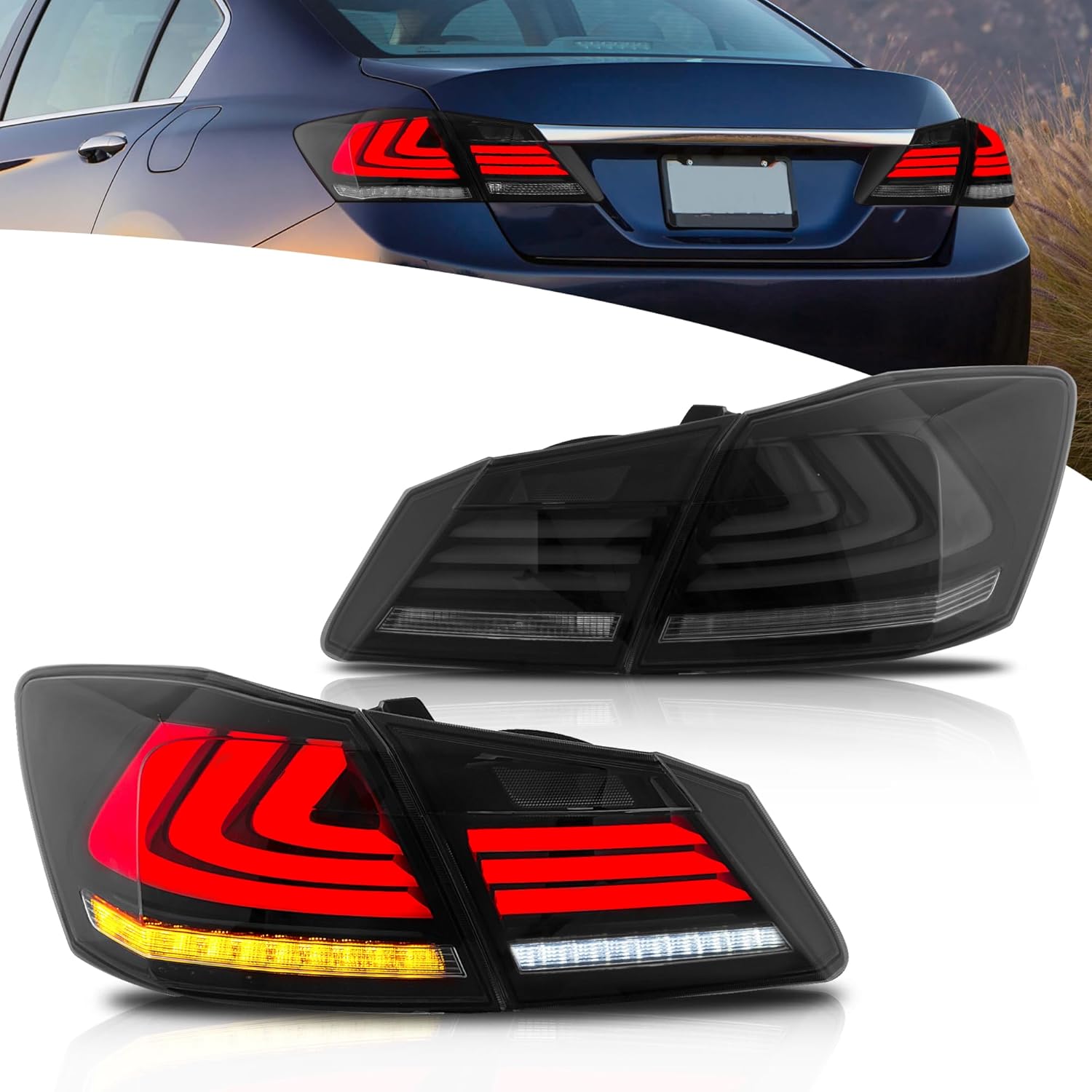 VLAND Tail Lights compatible with Honda Accord 9th Gen Seden 2013-2015, Rear Lights Assembly with Sequential Turn Signal, 1 Pair (Smoke)