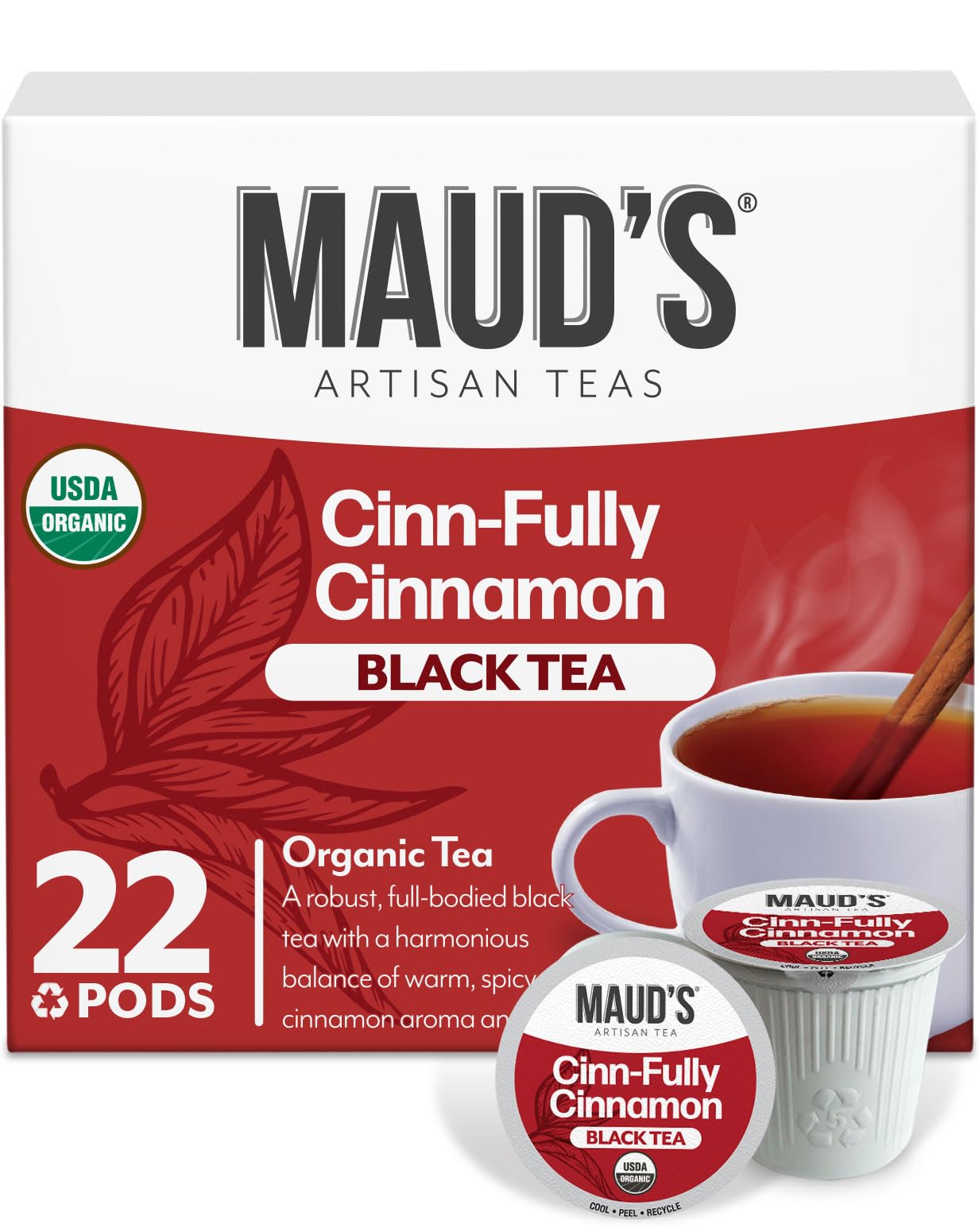 Maud's Organic Cinnamon Black Tea Pods, 22 ct, Recyclable Single Serve Tea Pods – 100% Gourmet Blended Tea Leaves, Compatible with Keurig K Cups Maker