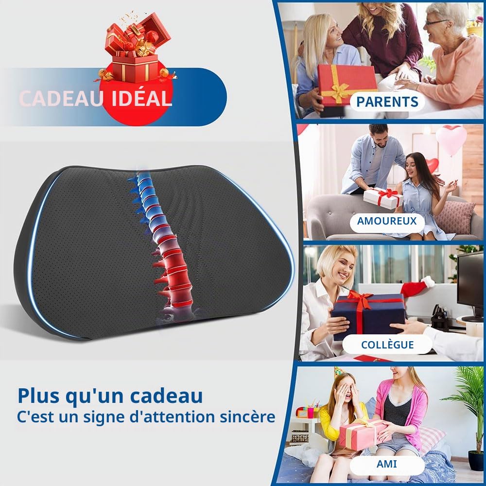 Coussin de Soutien Lombaire Ergonomique, Oreiller de Soutien du Dos Dossier Support Dorsal en Mousse à Mémoire pour Siège de Voiture Chaise de Bureau, Noir, 1 Pièce