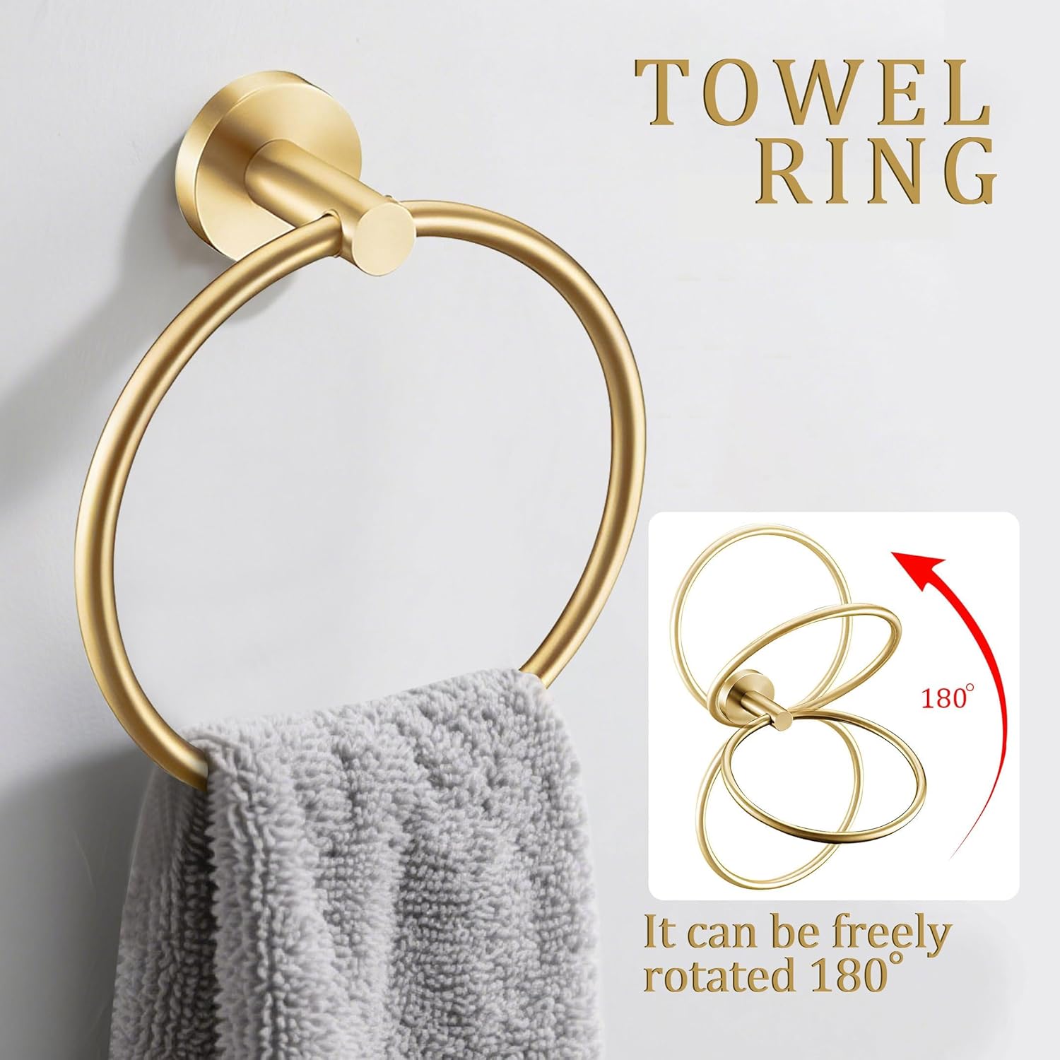 6 Pieces Brushed Gold Bathroom Hardware Accessories Set Hand Towel Ring 16&23.6 inch Round Towel Bar Toilet Paper Holder Towel Hooks 2 Pieces SUS 304 Stainless Steel,Heavy Duty,Wall Mounted