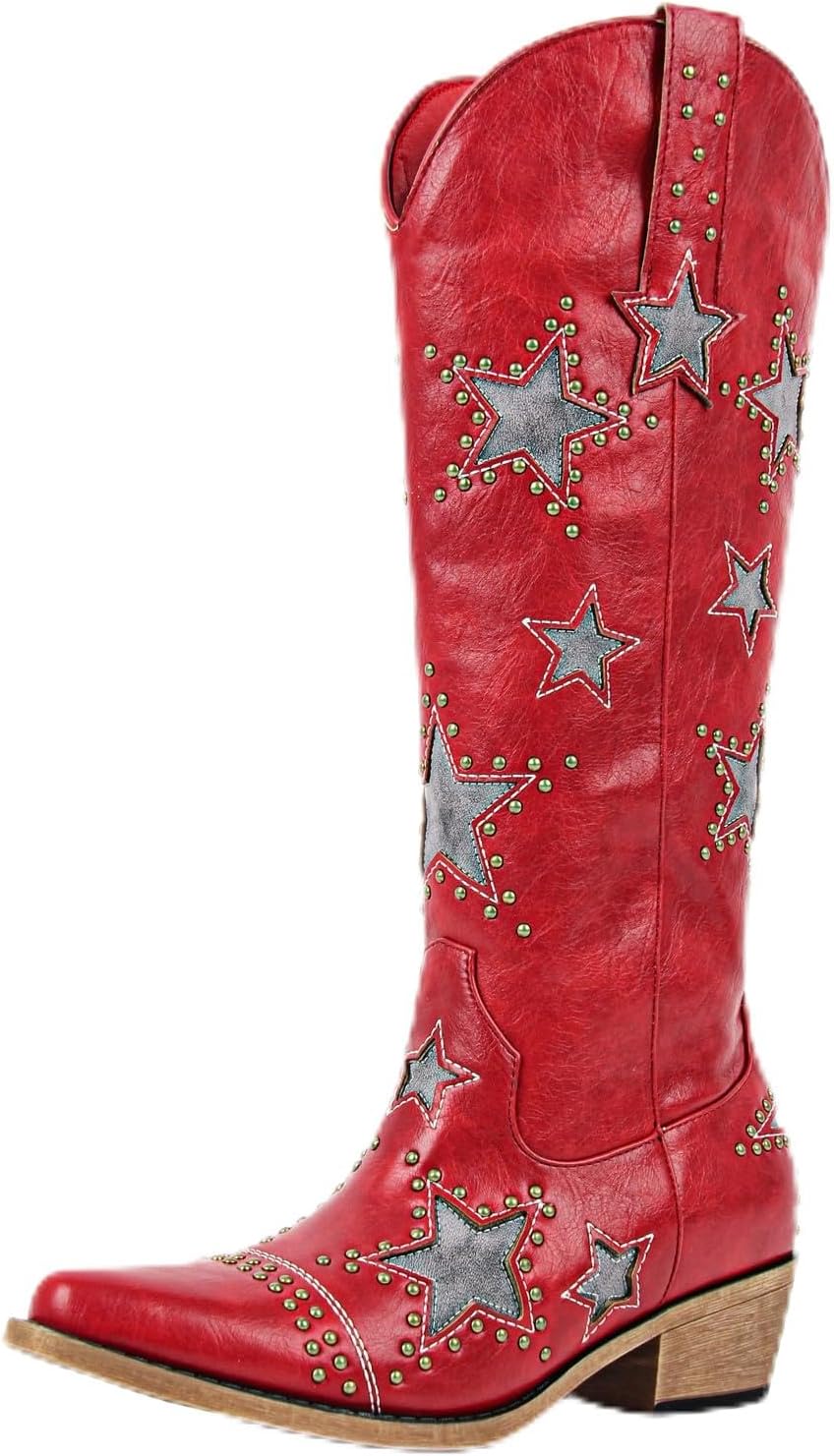 Richealnana Women's Studded Star Rhinestones Cowboy Zipper Knee High Boots Block Heel Western Congirl Boot