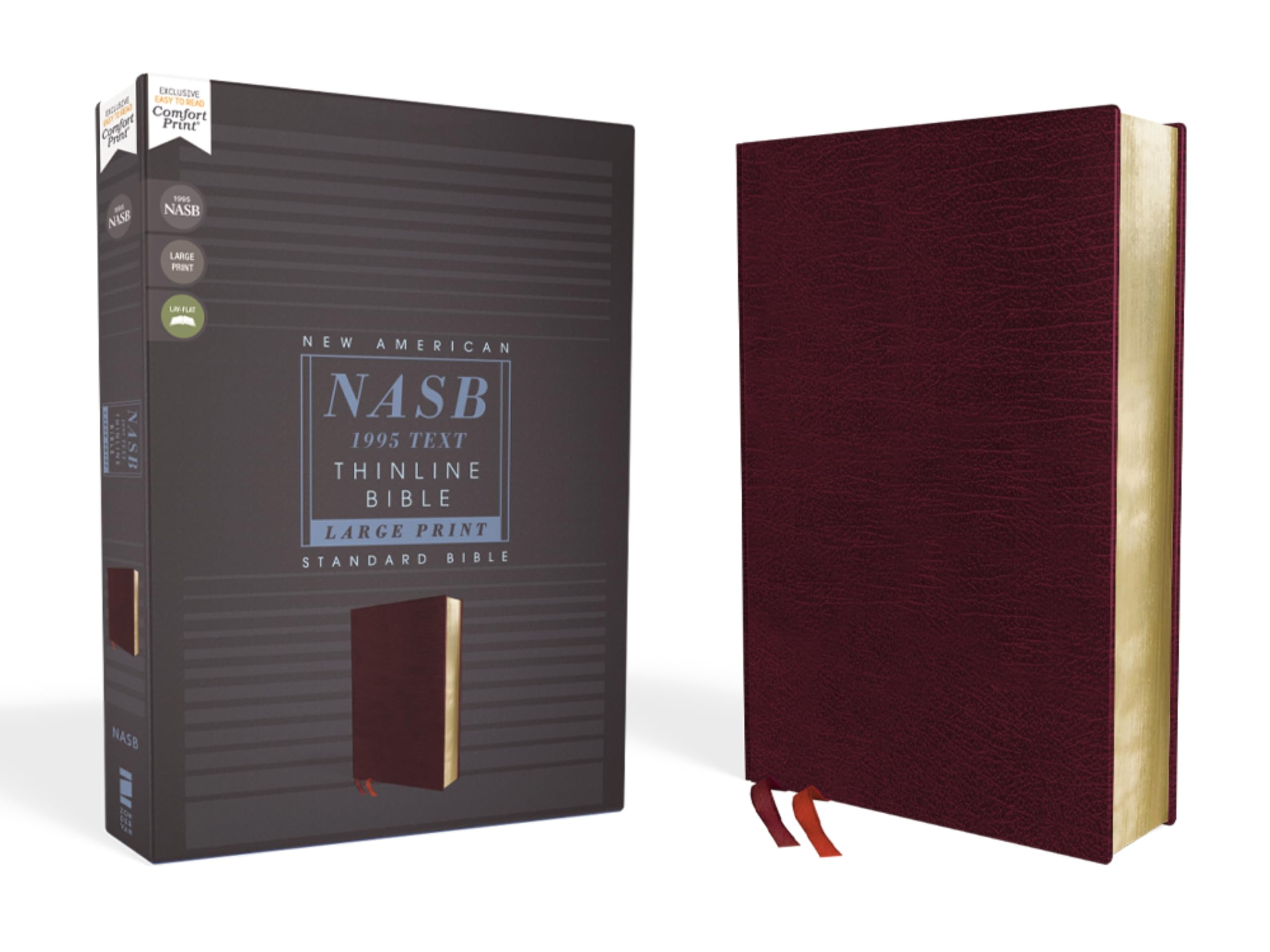 NASB, Thinline Bible, Large Print, Bonded Leather, Burgundy, Red Letter Edition, 1995 Text, Comfort Print, Hardback,