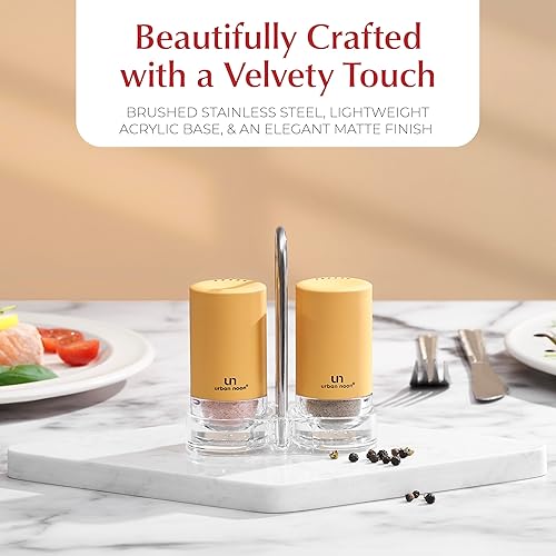 Miniatura 6 de Salero y pimentero amarillo con soporte, elegante juego de salero y pimentero de acero inoxidable con soporte acrílico para encimera de cocina o