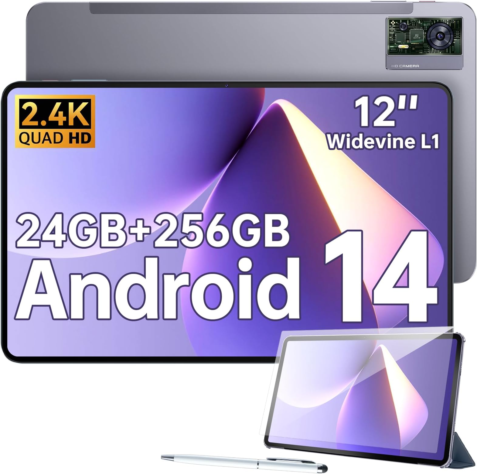 Tablette 12 Pouces Tablette Android 14 GMS, 16 Go RAM+128 Go ROM(TF 1TB), WiFi 6 Tablet PC, Tablette Tactile Dual Caméra HD/IPS, 7200mAh, 5G/2.4G WiFi Tablette Pas Cher Avec Étui, BT 5.2