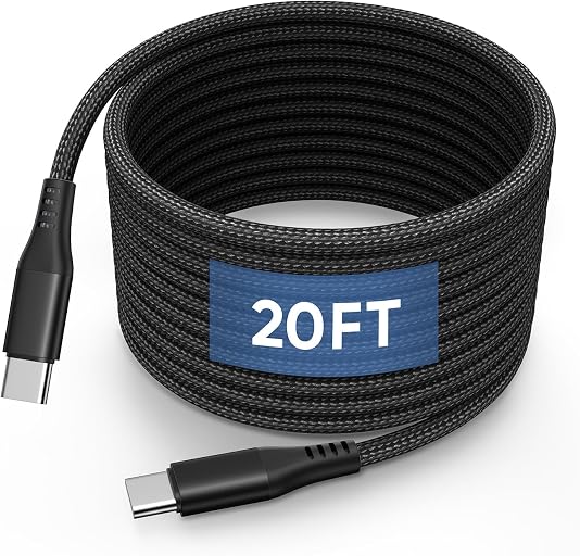 20FT USB C to USB C Cable 60W, Extra Long Type C Charger Fast Charging Cord, Premium Nylon Braided USB C Charger Cable Compatible with Galaxy/iPad Pro/MacBook/LG/Switch/Pixel and Other Type C Devices