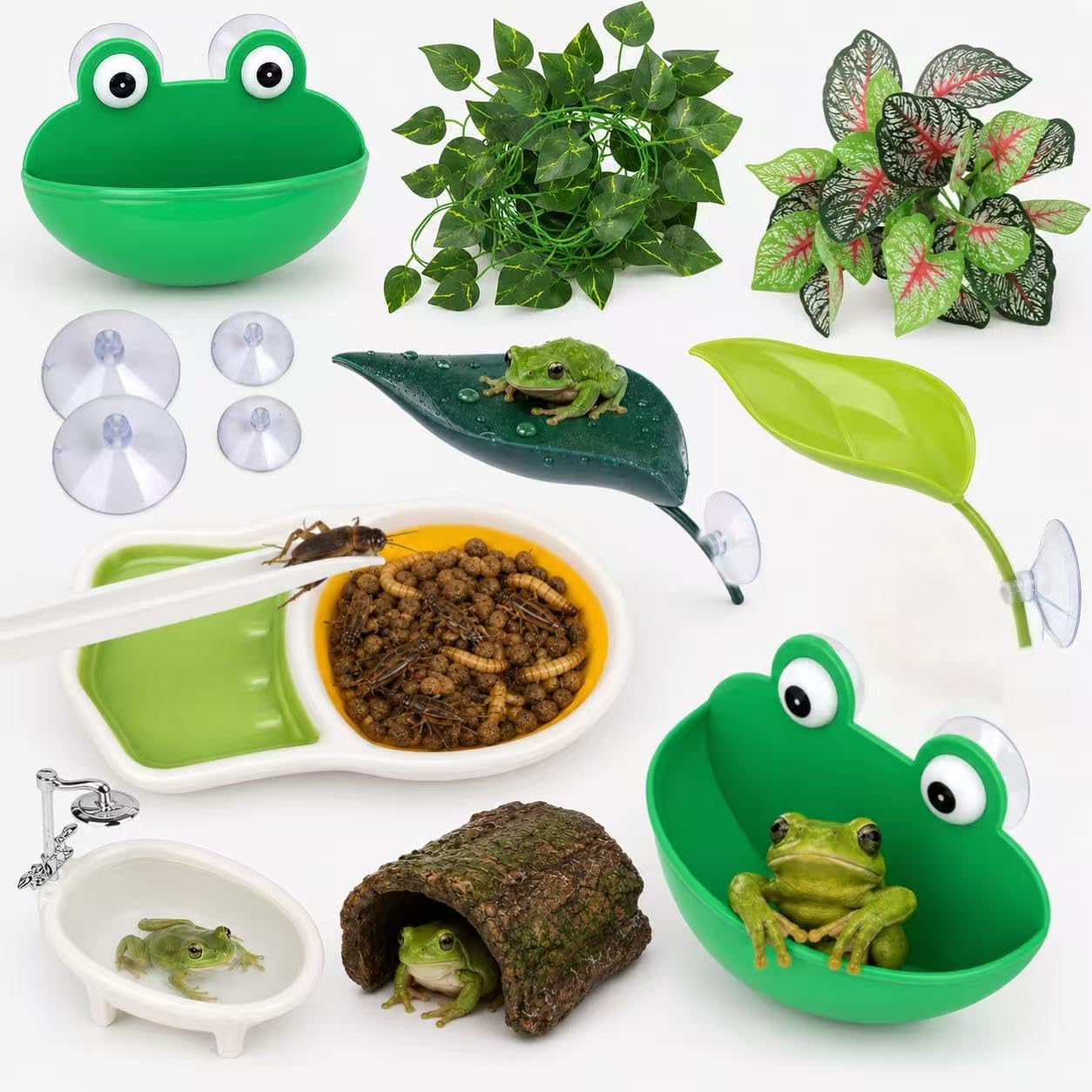 Frog Tank Accessories Set, Tree Frog Terrarium Accessories with Hideout, Ceramic Feeding Bowl, Water Dish, Suction Cup Plants, Climbing Leaves & Feeding Tweezer for Toads and Amphibians