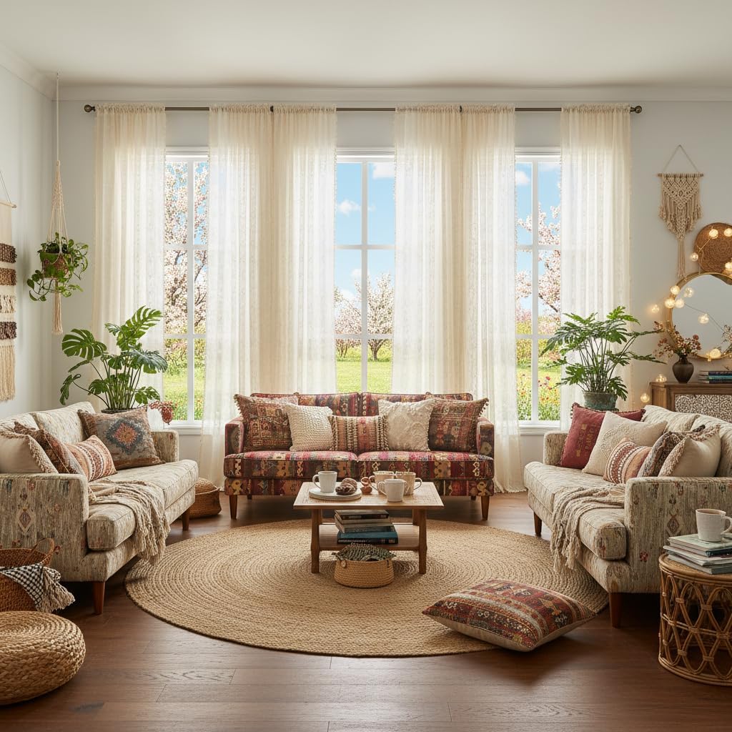 WAZZIO Boho Lace Curtains 2 Panels 96 Inches -Cute Vintage Victorian Sheer Panel Drape French Country Floral Pattern & Tassel Light Filtering Privacy for Bedroom Dining Living Room,Beige,W52x L96