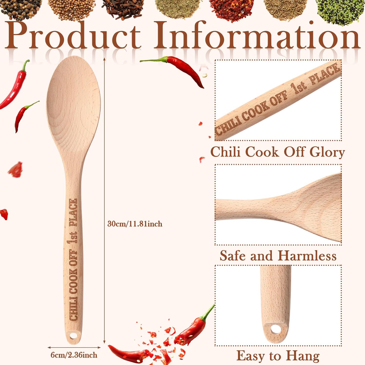 Soaoo Set of 3 Chili Cook Off Trophy Wooden Spoon Prizes Chili Engraved Cooking Spoons for 1st 2nd 3rd Cooking Competition Award(Carved at Handle) - Image 2