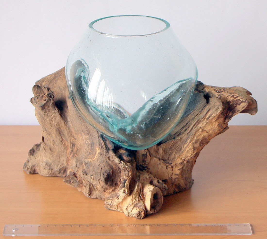 Geschenk Deko Einzigartige Gamal Wurzelholz Glasvase B-Ware Ø Glas 15-16 cm Wurzel Holz Teakholz Vase Glas M