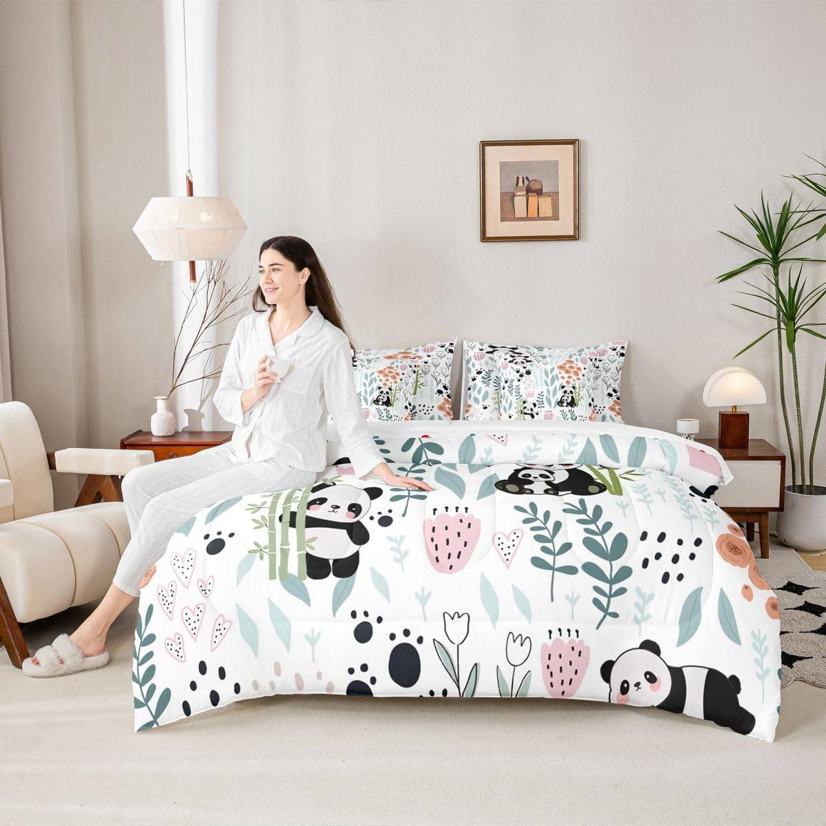 Erosebridal 7 Piece Kids Panda Queen Comforter Set with Sheets, Forest Zoo Animal Print Panda Bedding Set for Girls Boys, Green Leaf Pink Floral Bed in a Bag Paw Print Colorful Fitted Flat Sheet