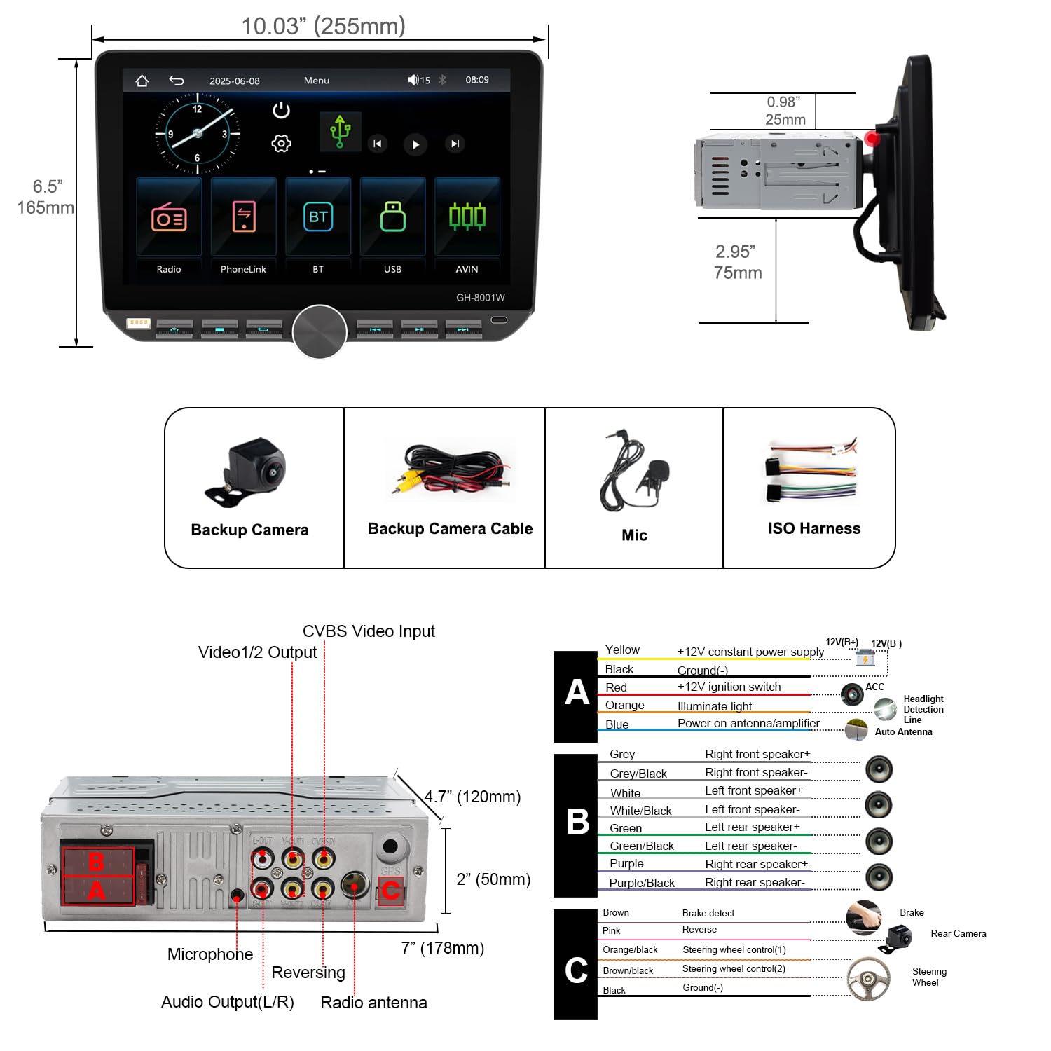 Autoradio 1Din mit drehbar Bildschirm(10.1"), Kompatibel mit [Wireless] Apple CarPlay/Android Auto Bluetooth USB Typ-C Rückfahrkamera AM/FM/RDS Radio