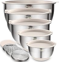 Wildone 5-Pc Stainless Steel Mixing Bowls Set with Airtight Lids, Grater Attachments & Non-Slip Bottoms - Nesting 5QT to 0.63QT Khaki