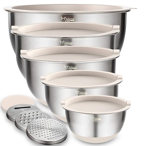 Wildone Mixing Bowls with Airtight Lids Set, 5PCS Stainless Steel Khaki Nesting Bowls for Kitchen, with Grater Attachments & Non-Slip Bottoms, Size 5, 3, 2, 1.5, 0.63 QT, Great for Mixing & Serving - Khaki