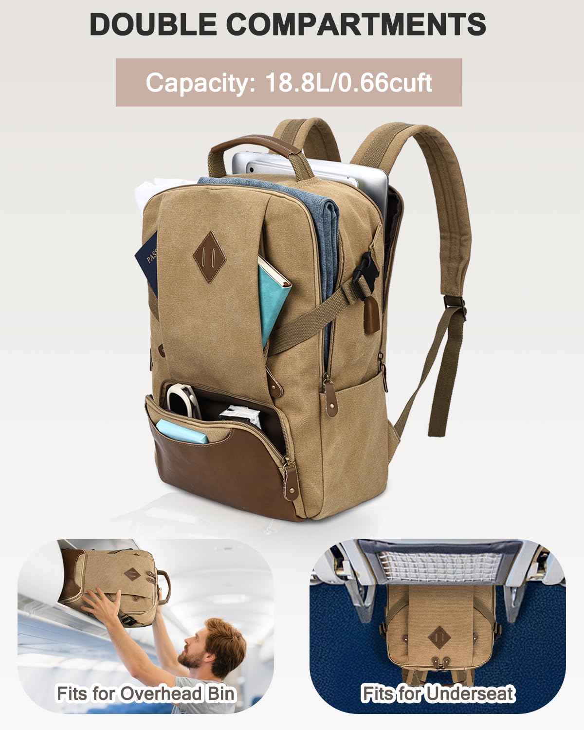 Kasqo Laptop Backpack 15.6 Inch Canvas Waterproof Anti Theft Business Travel College Computer Bag 18.8L Carry on Bag with USB Charging Port for Women Men, Khaki