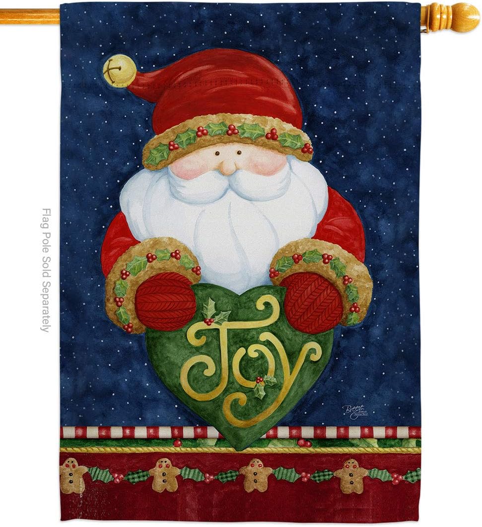Breeze Decor Santa Holding Joy Heart House Flag Winter Christmas Marry Xmas Present Reindeer Season Wintertime Snow Decoration Banner Small Garden Yard Gift Double-Sided, Made in USA