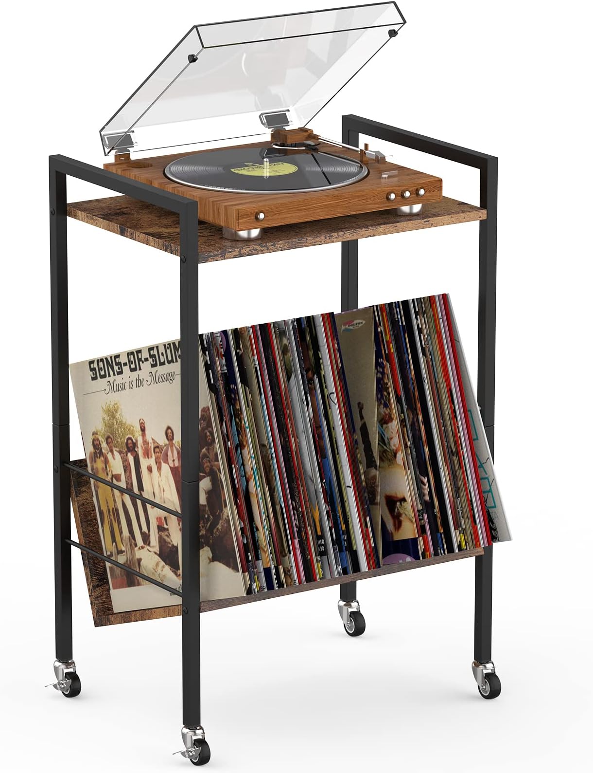 Vinyl Player Stand Record Player Stand with Record Storage Record Player Table with Wheels Turntable Stand for Record Player 2 Tier Rolling Record Storage for Living Room Bedroom Office