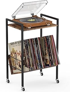 NOVIMANGO Vinyl Player Stand Record Player Stand with Record Storage Record Player Table with Wheels Turntable Stand for Record Player 2 Tier Rolling Record Storage for Living Room Bedroom Office