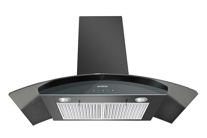 Eurodomo 90 cm 1200 m³/hr curved glass Kitchen Chimney (HOOD GARNET TC BK 90 (EURODOMO), Baffle Filter, Touch Control, Black)