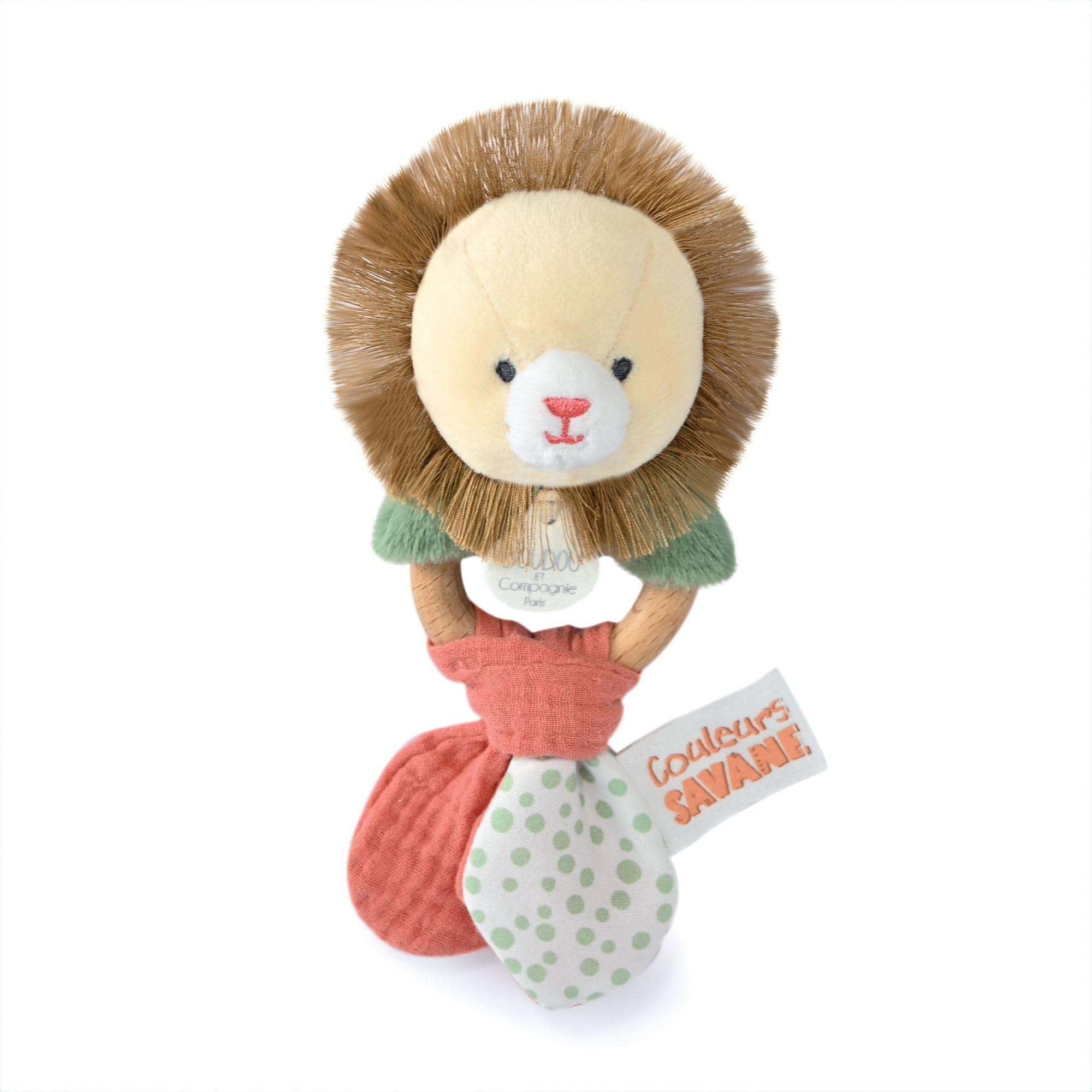 Doudou et Compagnie - Savannah Colours - Wooden Lion Rattle - Beige - 15 cm - New Birth Gift - Beautiful Gift Box - DC4067