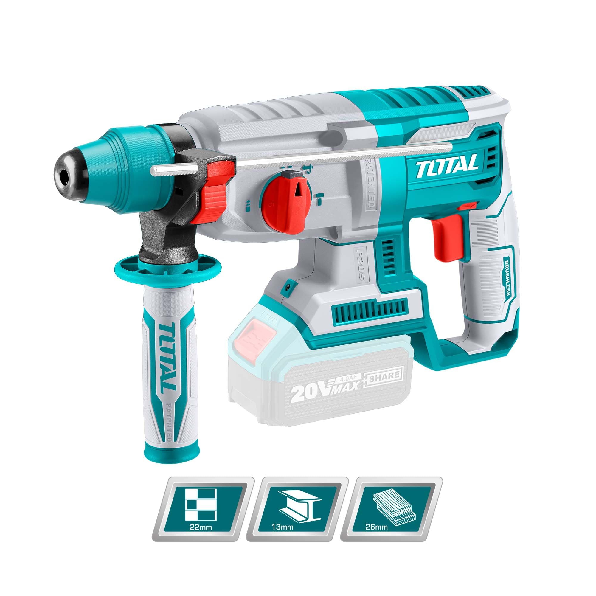 TOTAL - Martillo Combinado a Batería 20V - Motor Brushless Sin Escobillas - Luz LED - 3 Brocas SDS Plus y Cincel - Capacidad de Perforado 26mm - Fuerza Impacto 2J- No incluye Batería ni Cargador