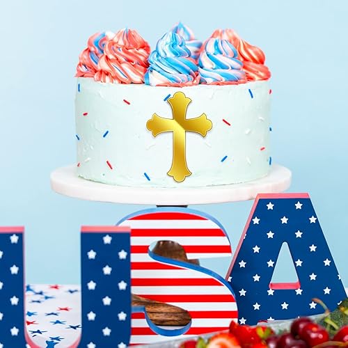 Miniatura 6 de 16 adornos de bautismo para tartas cruzadas para cupcakes, espejo dorado, acrílico, decoración para bautismo, decoración cristiana (estilo vívido)