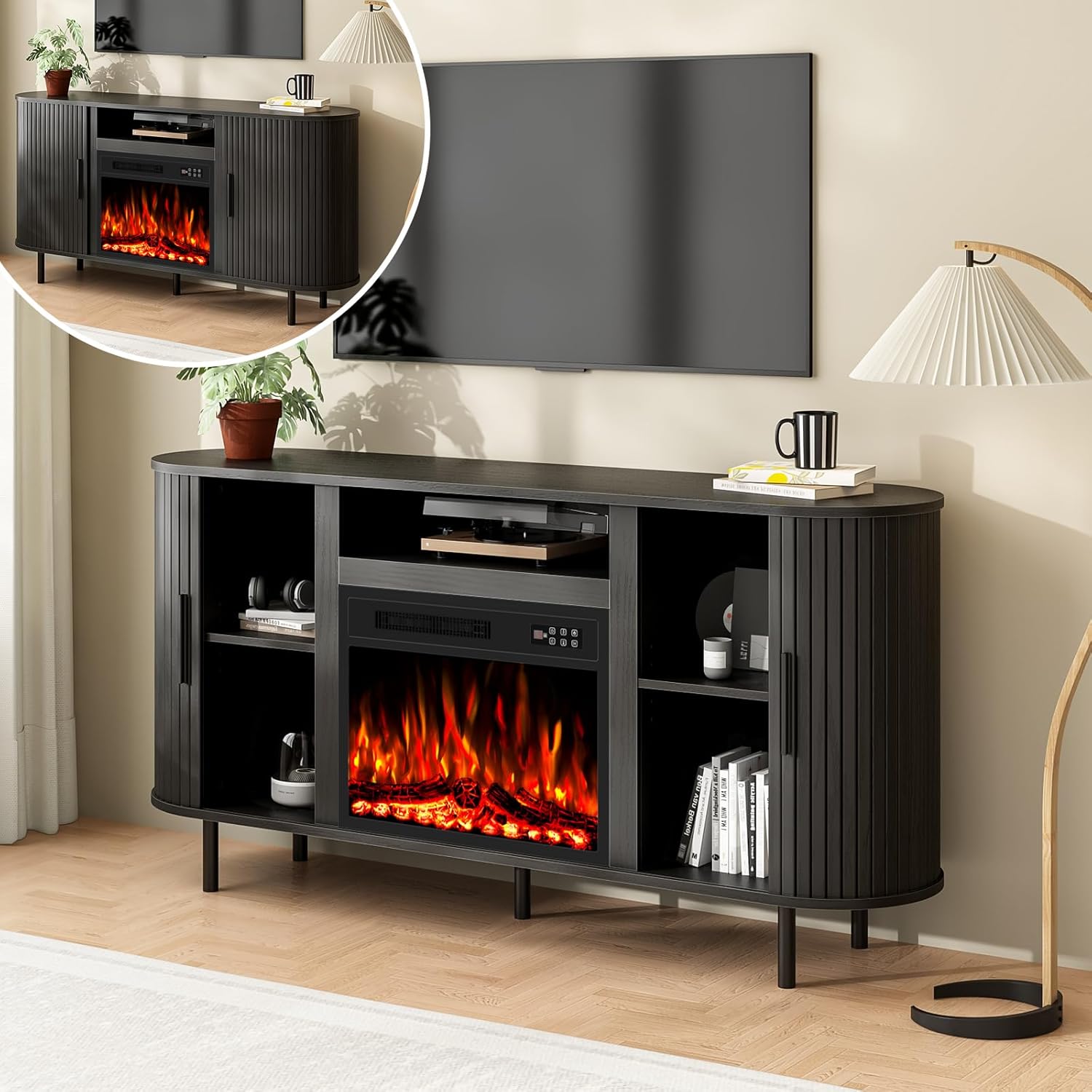 65" Oval Fluted Fireplace TV Stand for TVs up to 75 inch, Mid Century Modern Tambour Media Console with 23" Electric Fireplace, Curved Slat Door Entertainment Center for Living Room (Black)