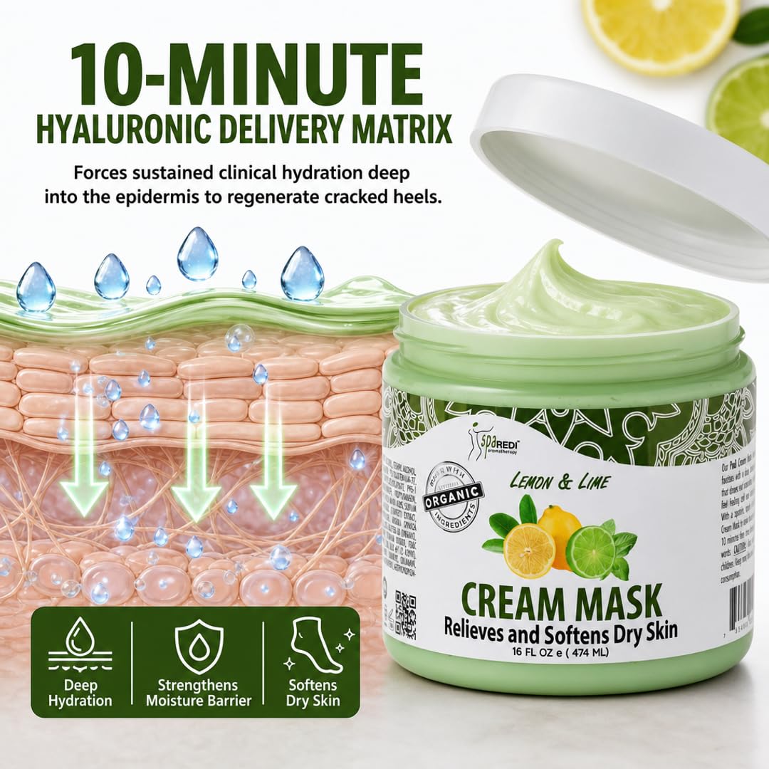 SPA REDI Pedicure Foot Cream Mask – Cracked Heel & Callus Repair for Sensitive Skin | Hyaluronic Acid, Amino Acids, Comfrey Extract | Paraben-Free, Cruelty-Free | Made in USA | Lemon Lime | 16 oz