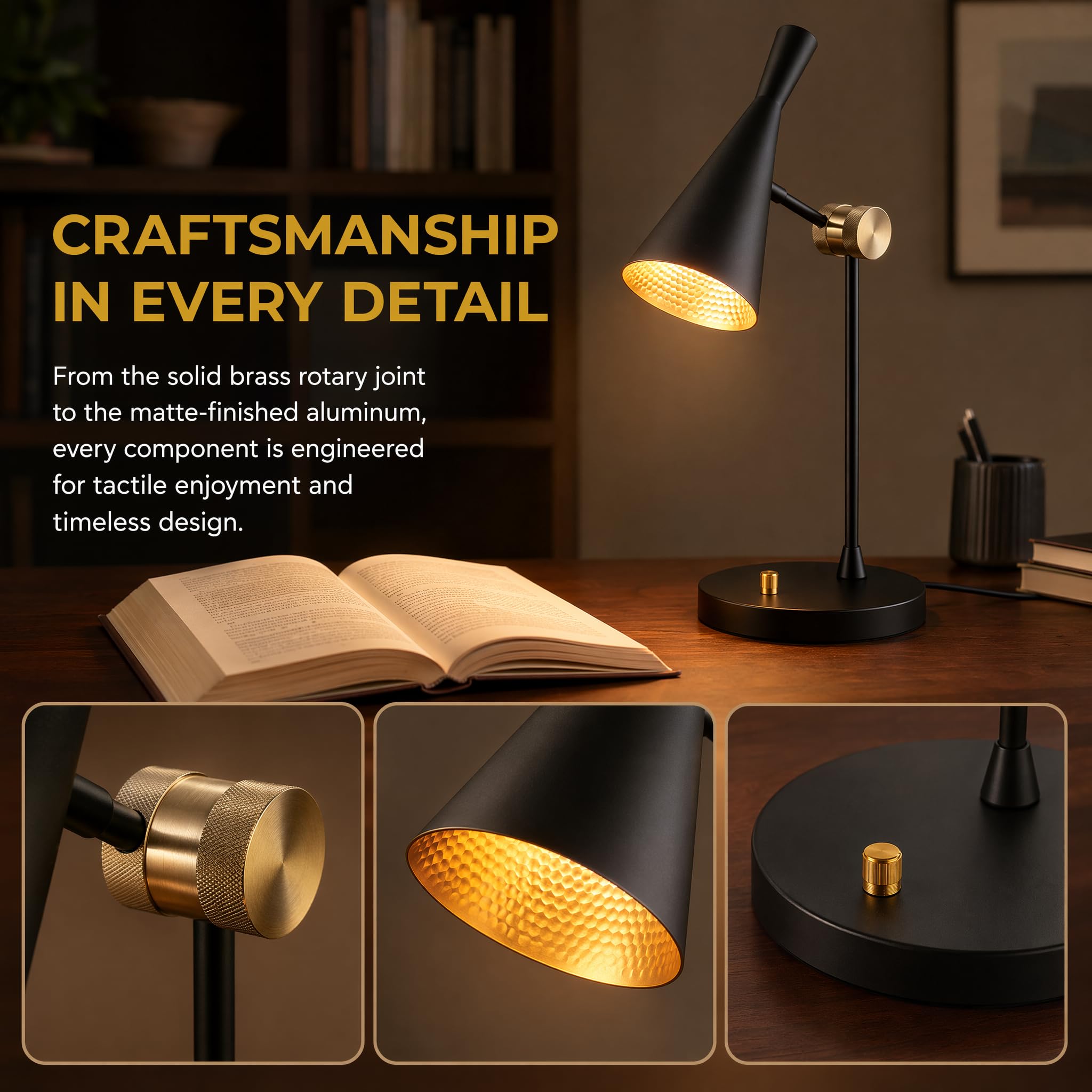 BARCELONA LED lampada da tavolo orientabile alluminio Nordi nera E27 | corpo in alluminio opaco, testa orientabile, base rotonda stabile, cavo 125cm con interruttore