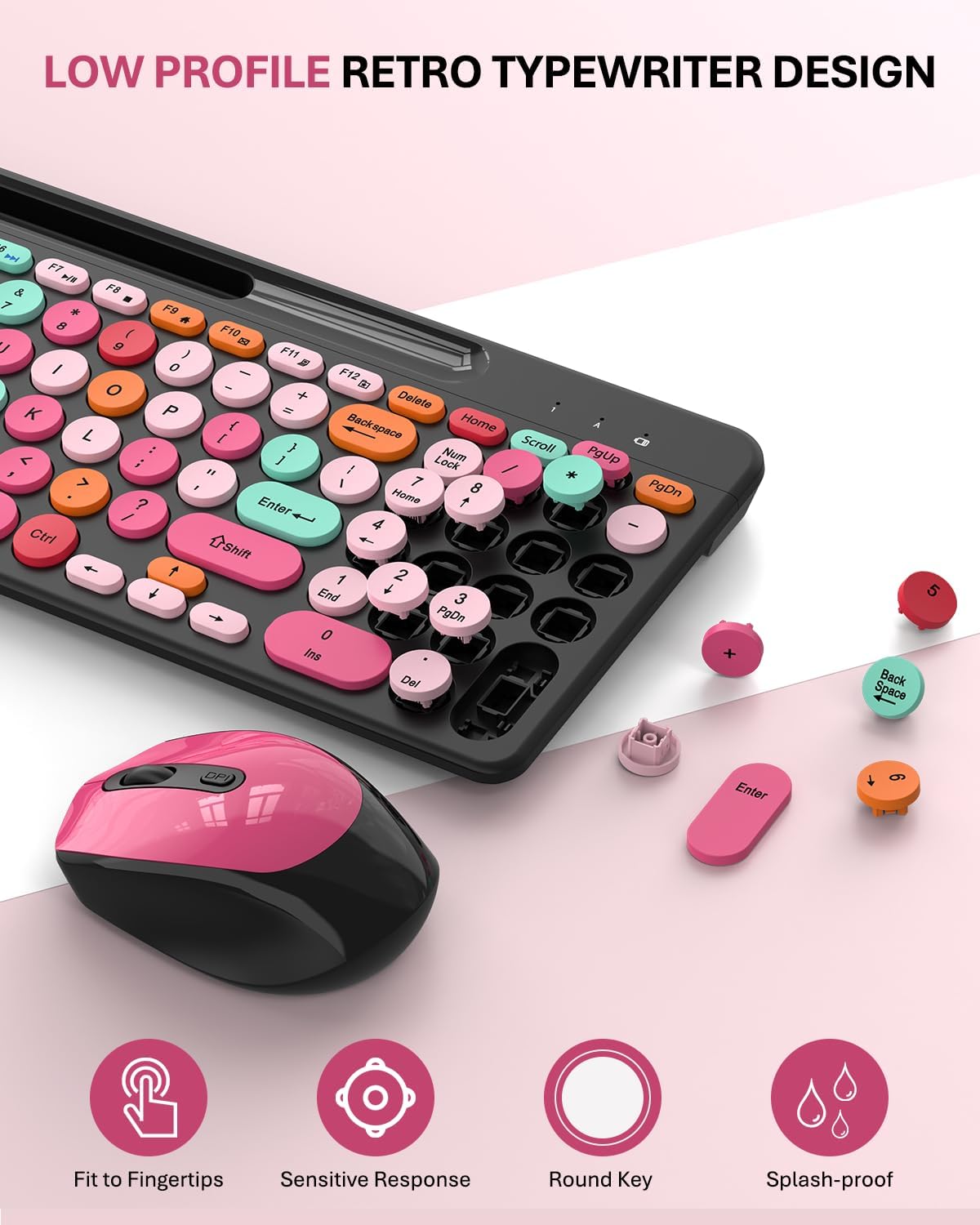 Colorful Wireless Keyboard and Mouse Combo - Round Keycaps, 2.4GHz Retro Typewriter Keyboard with Number Pad, Cute Compact USB Keyboard and Mouse for Computer PC Desktop Laptop (Pink & Black Colorful)