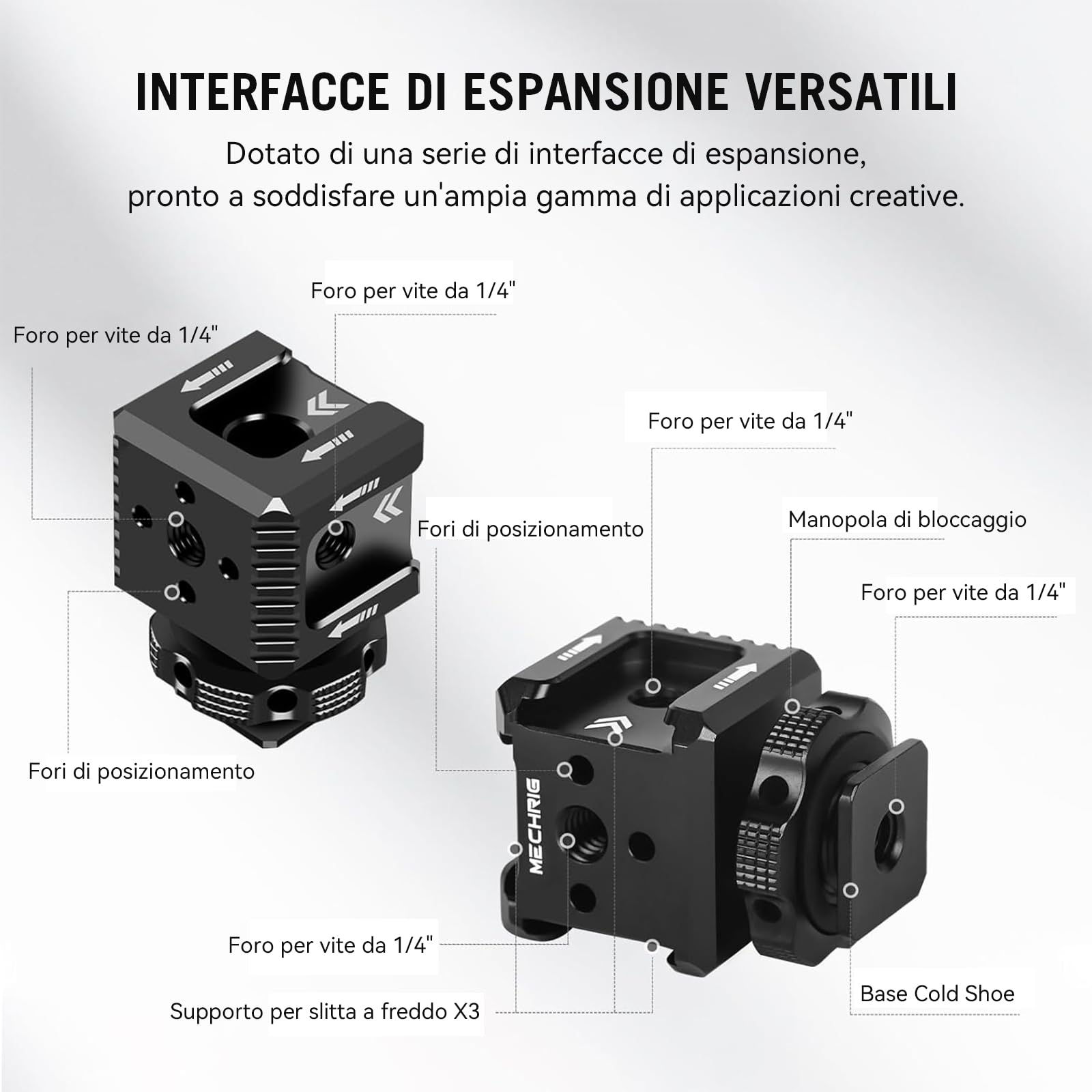 Supporto triplo per slitta fredda con filettatura da 1/4", staffa di estensione hot shoe in alluminio per fotocamera con 3 porte per slitta fredda per monitor con luce video a LED, microfono