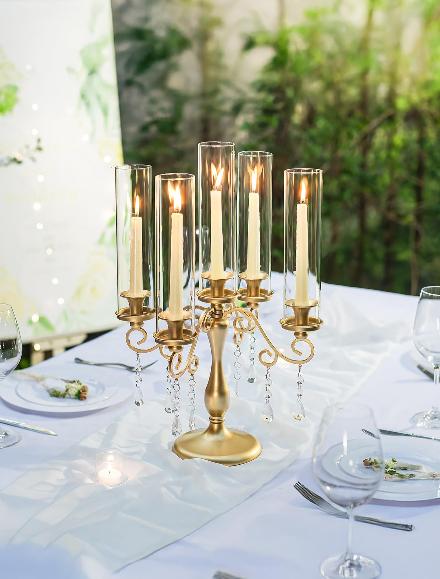 Sziqiqi Bougeoirs Candélabres Chandelier Or: Chandelier 5 Branches pour Centre de Table de Mariage - Candélabres Vintage avec Verre en Forme D'ouragan pour Dîner en Plein air Fête de Noël Anniversaire