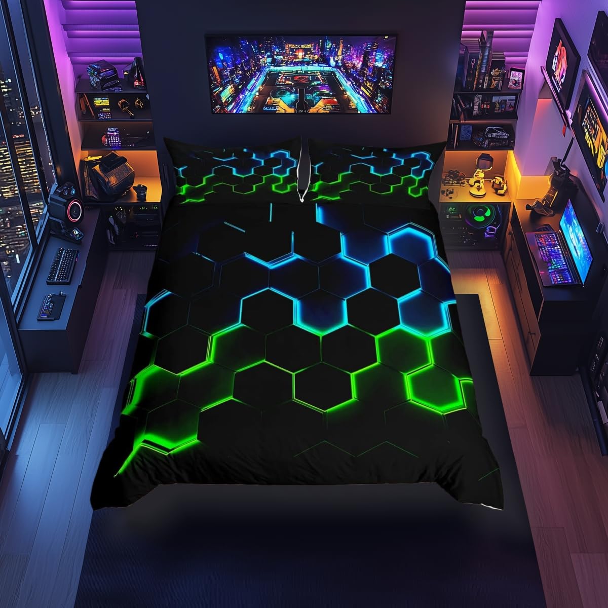 feelingyou Honeycomb Duvet Cover Super King Size, Hexagon Theme Comforter Cover for Adults Kids Bedroom Decor,Chic Creative Green Blue Neon Lights Soft Bedding Set 2 Pillowcases,No Comforter
