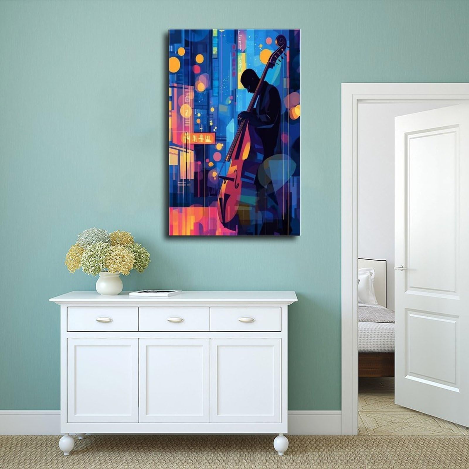 Stampa artistica da parete con motivo bassista jazz e musica al neon, decorazione artistica da parete per soggiorno e camera da letto, 60 x 90 cm