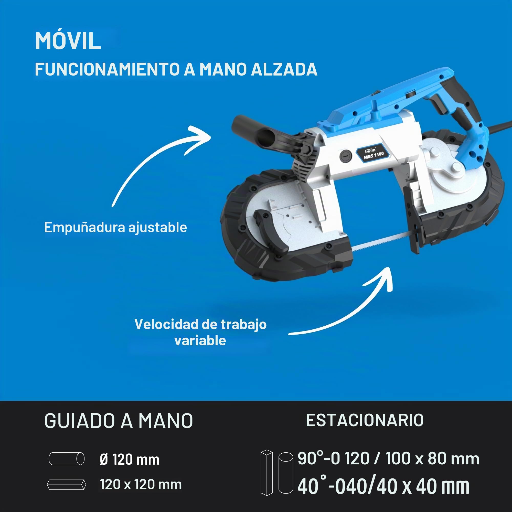 Güde Sierra de cinta metálica MBS 1100 (1100 W, mesa de trabajo extraíble (uso estacionario y móvil), velocidad de banda 144 m/min, 2 cintas de sierra 1140 mm, luz LED, potencia de corte