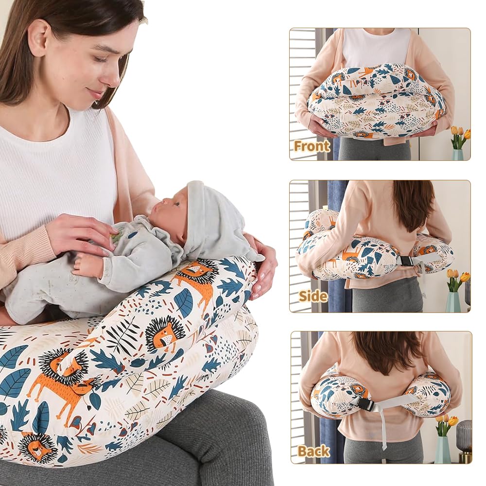 Cuscino Allattamento del Bambino, Cuscino Multifunzionale per l'Allattamento con Cinturino Regolabile in Vita e Recinzione di Sicurezza, Federa Rimovibile in Cotone, Modello Animale Leone