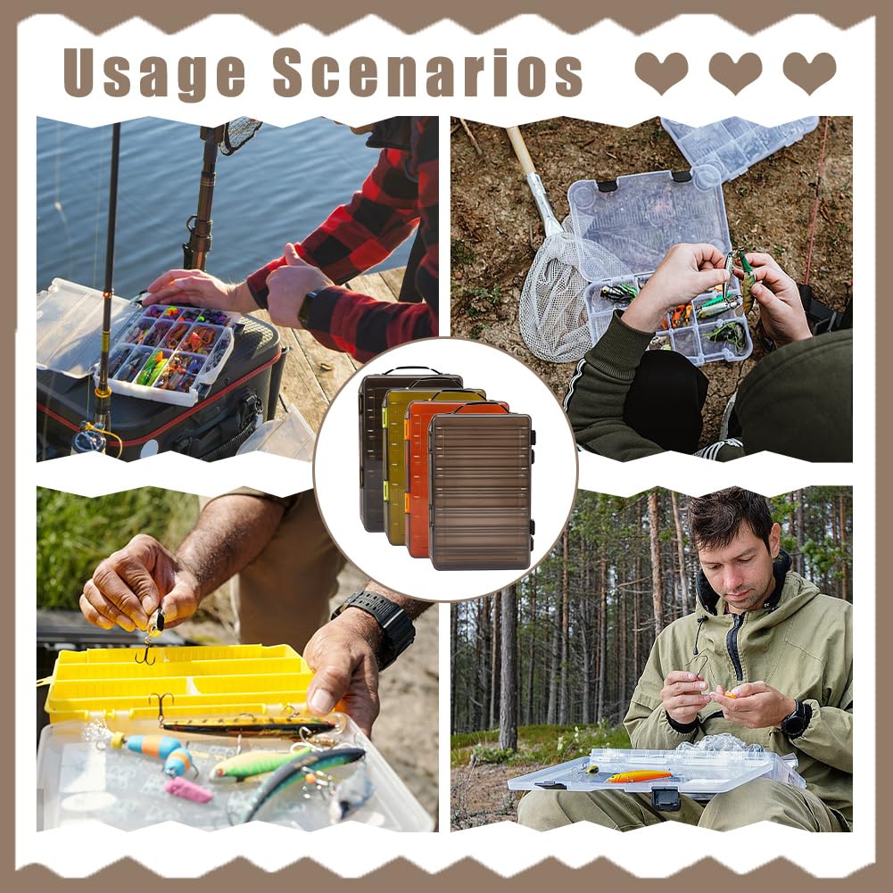 WEBEEDY Paquete de 4 cajas de señuelos de pesca de doble cara, caja de aparejos, 27,5 x 18 x 4,75 cm, plástico translúcido, almacenamiento de señuelos de pesca con hebilla para organizador de cebos de