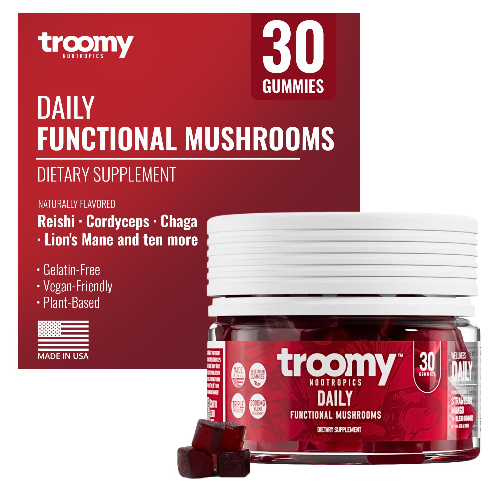 Troomy Nootropics Gomas de Cogumelos com 14 Espécies, 2.000 mg, Sabor Morango e Manga, 30 gomas