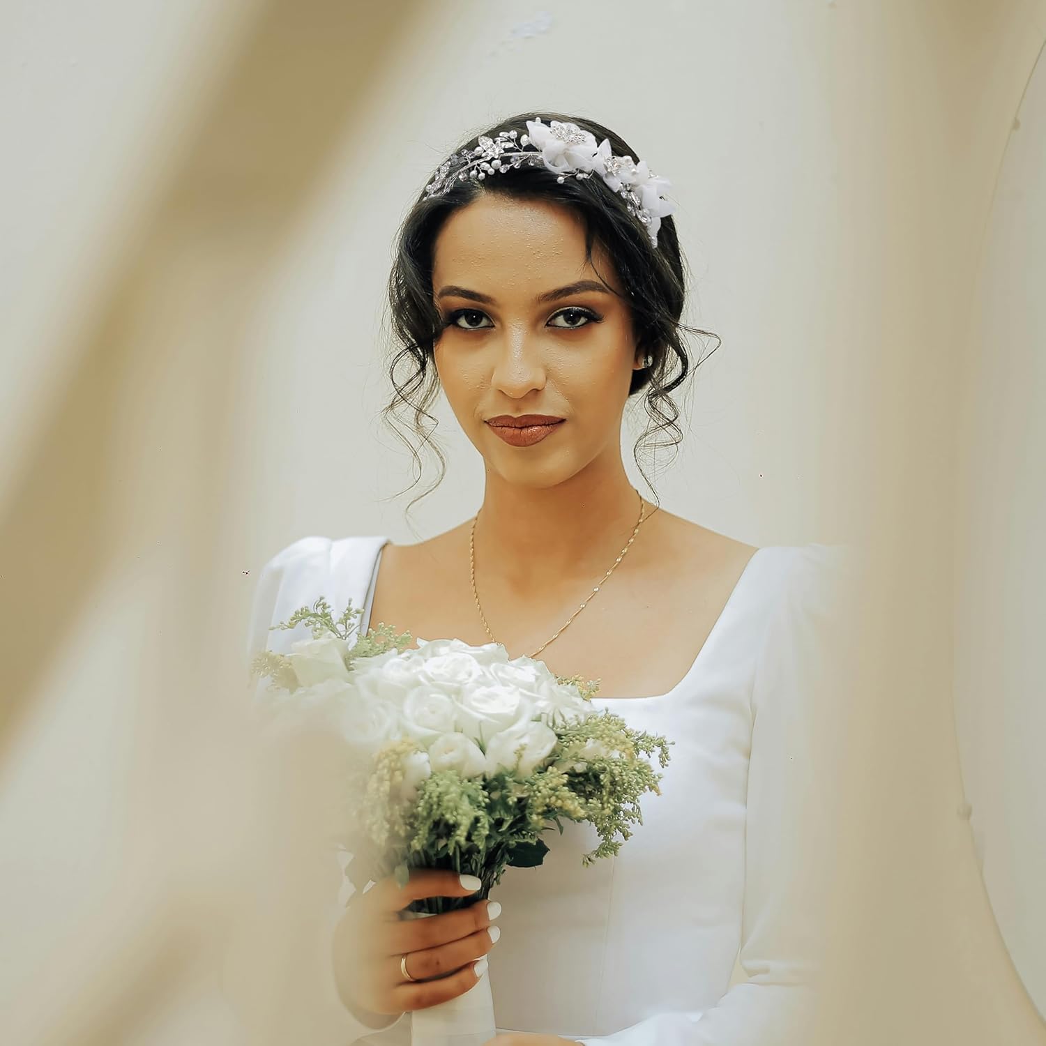 Oriamour Flower Girl Headpiece Ivory Tulle Flowers Wedding Headband for Girls Brides, Princess Pearl Hair Accessories for Birthday Party, First Communion Bridal Headpiece For Women - Image 4